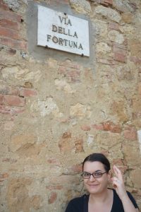 Me under the Fortune sign doing a propitiatory gesture